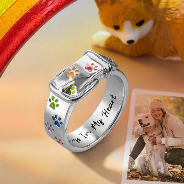 Personalized Name Text Dog Paw Ring Colorful Puppy Collar Design Rainbow Ring