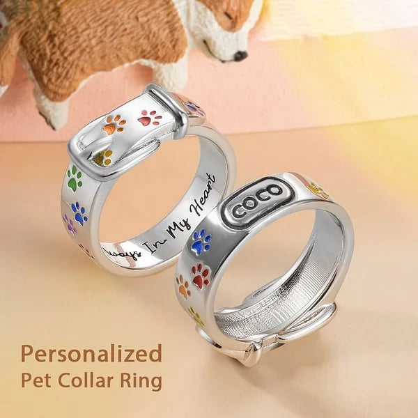 Personalized Name Text Dog Paw Ring Colorful Puppy Collar Design Rainbow Ring