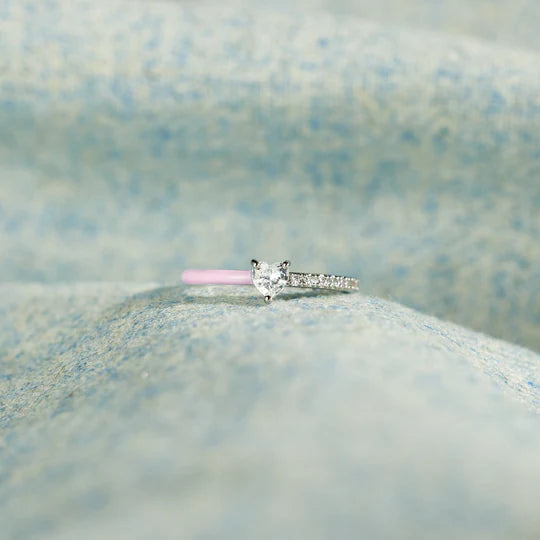 Breast Cancer Awareness Baby Pink Hharty-cut Half Enamel Ring