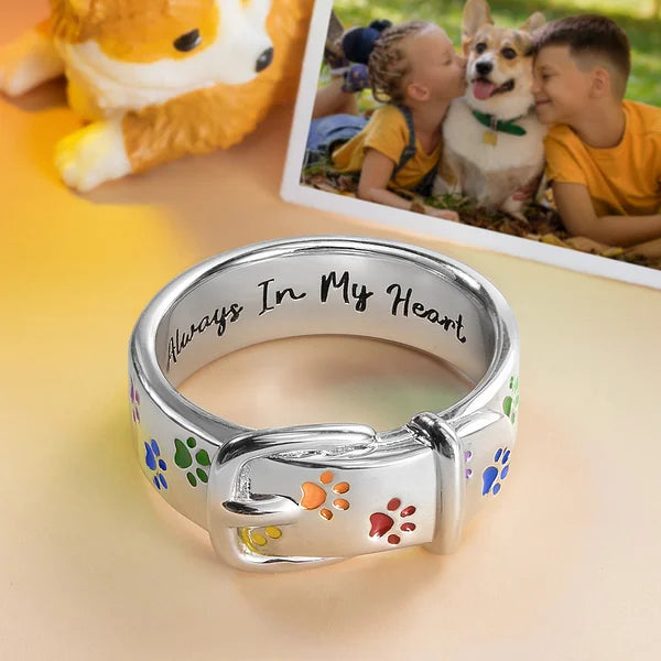 Personalized Name Text Dog Paw Ring Colorful Puppy Collar Design Rainbow Ring