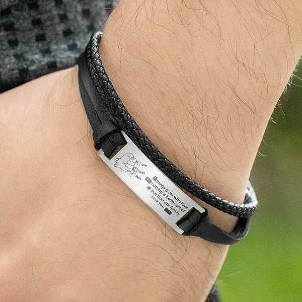 Personalized Black Braided Leather Bracelet for Father's Gift