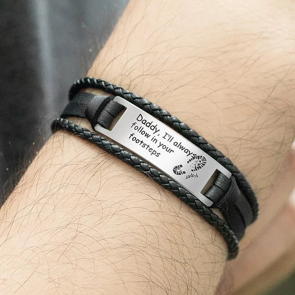 Personalized Black Braided Leather Bracelet for Father's Gift