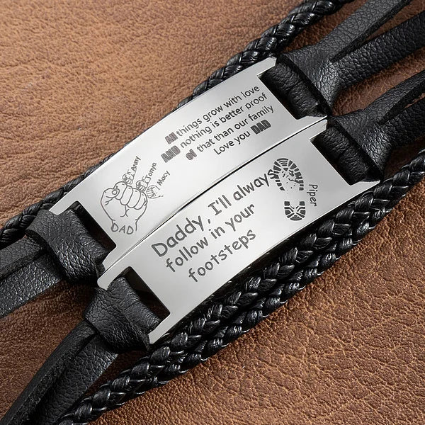 Personalized Black Braided Leather Bracelet for Father's Gift