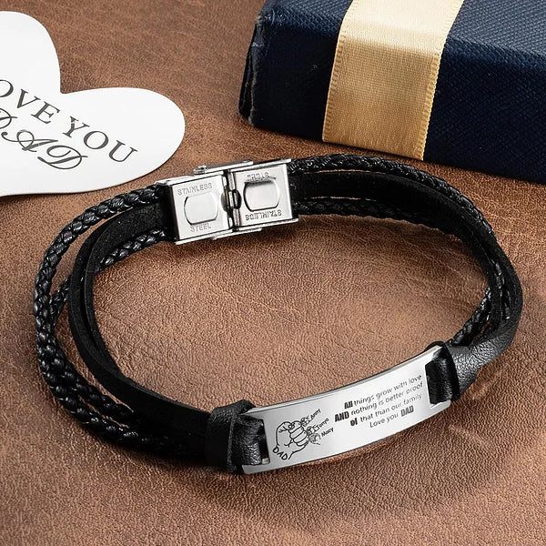 Personalized Black Braided Leather Bracelet for Father's Gift