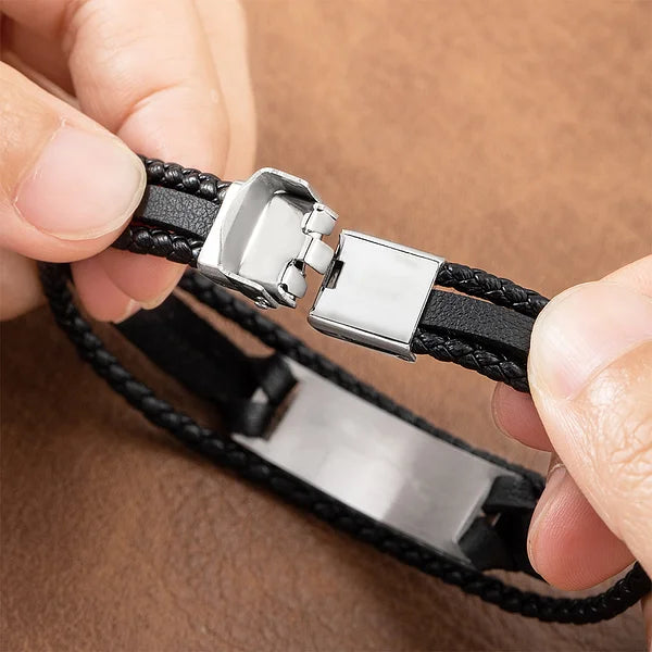 Personalized Black Braided Leather Bracelet for Father's Gift