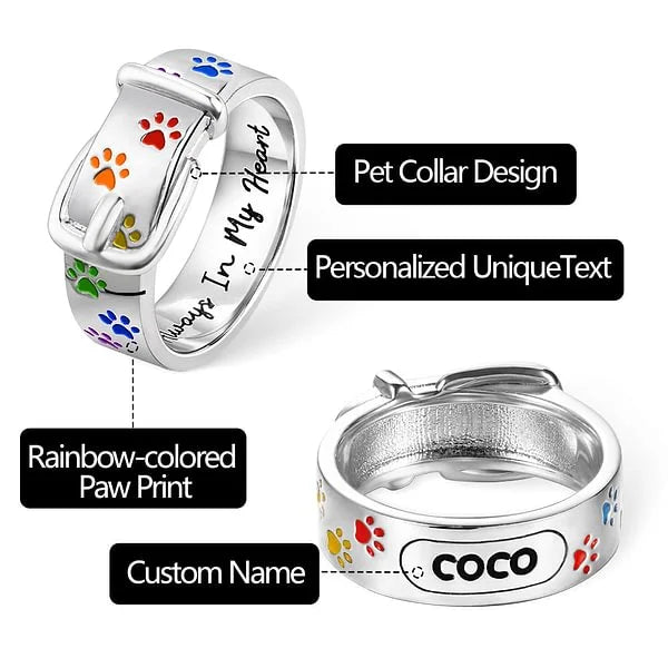 Personalized Name Text Dog Paw Ring Colorful Puppy Collar Design Rainbow Ring