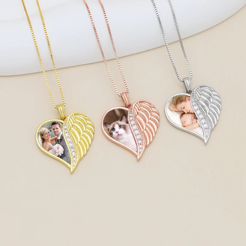 Custom Angel Wings Heart Photo Necklace