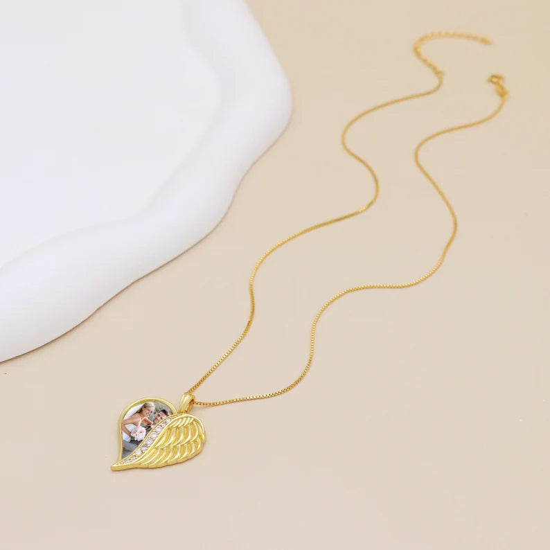 Custom Angel Wings Heart Photo Necklace