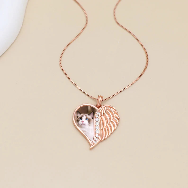 Custom Angel Wings Heart Photo Necklace