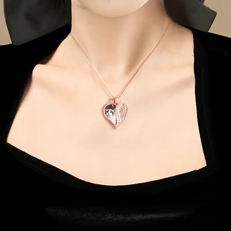 Custom Angel Wings Heart Photo Necklace