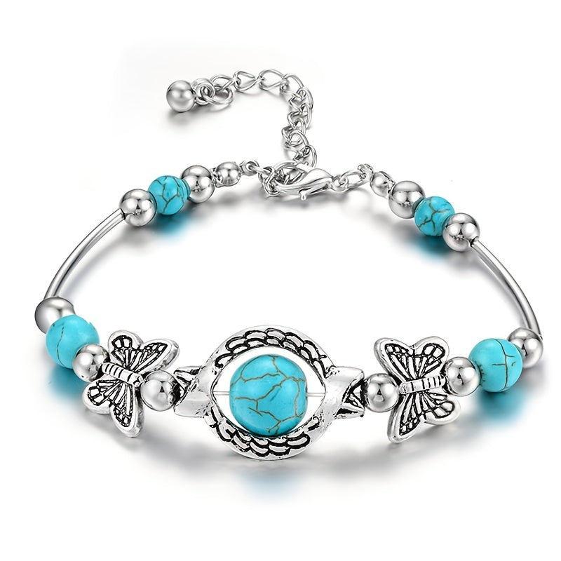Vintage Butterfly Bracelet with Natural Turquoise and Silver Beads