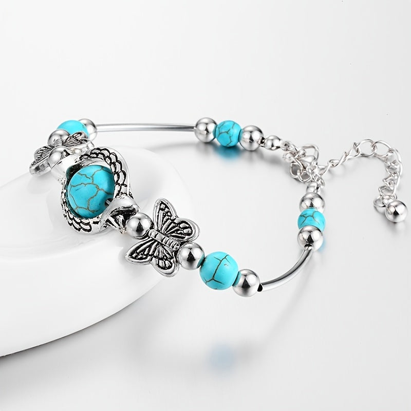 Vintage Butterfly Bracelet with Natural Turquoise and Silver Beads