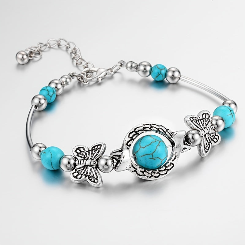 Vintage Butterfly Bracelet with Natural Turquoise and Silver Beads