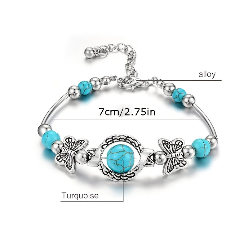 Vintage Butterfly Bracelet with Natural Turquoise and Silver Beads