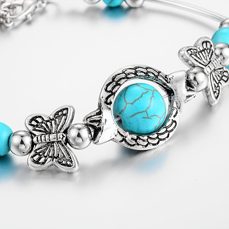 Vintage Butterfly Bracelet with Natural Turquoise and Silver Beads