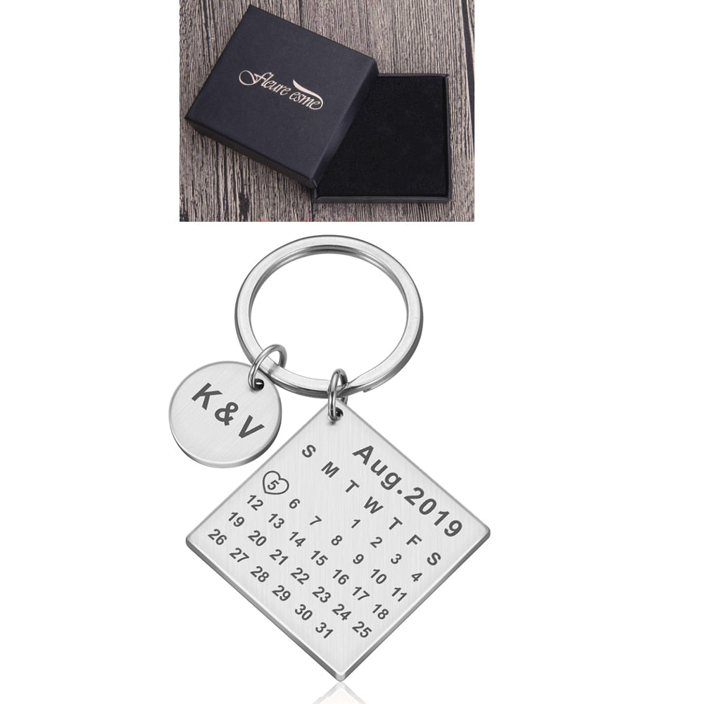 Wedding Anniversary Gift for Boyfriend or Husband & wife, Custom Key Chain Ring Engraved Calendar Date Stainless Steel