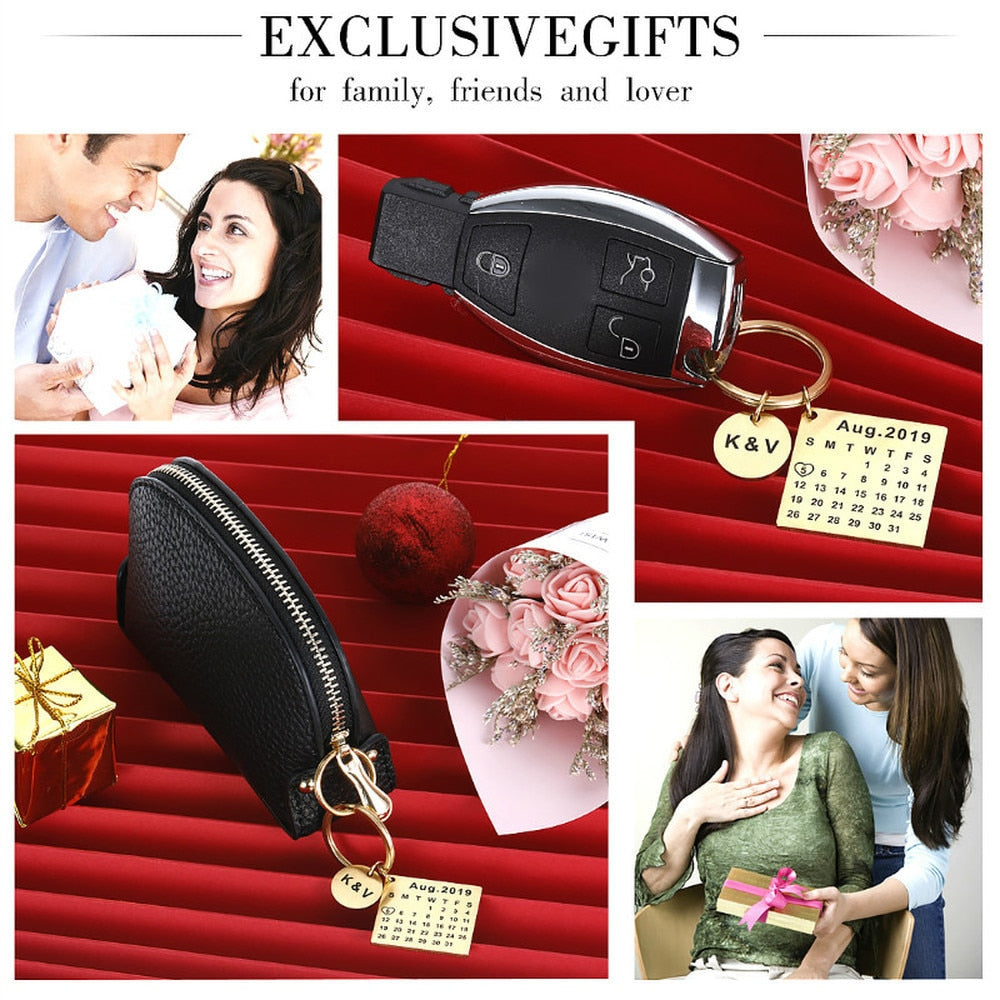 Wedding Anniversary Gift for Boyfriend or Husband & wife, Custom Key Chain Ring Engraved Calendar Date Stainless Steel
