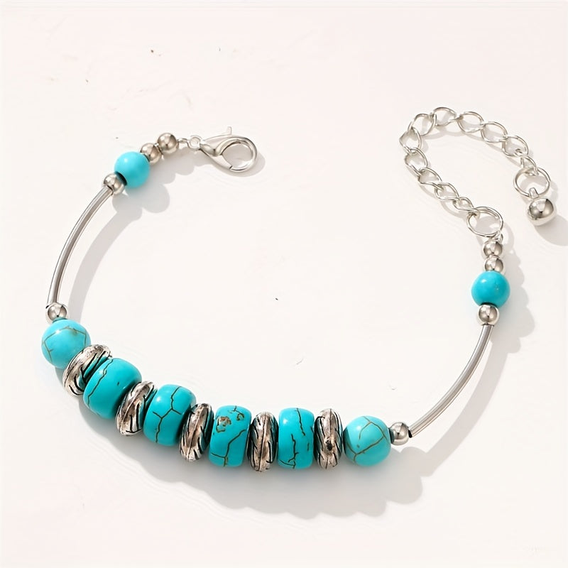 Vintage Butterfly Bracelet with Natural Turquoise and Silver Beads