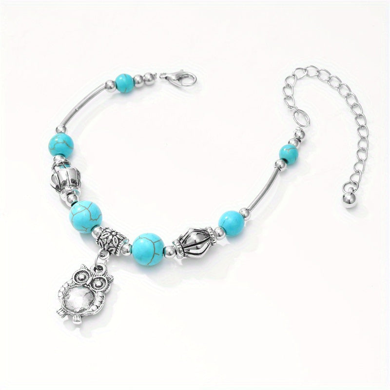 Vintage Butterfly Bracelet with Natural Turquoise and Silver Beads