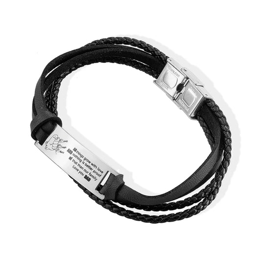 Personalized Black Braided Leather Bracelet for Father's Gift